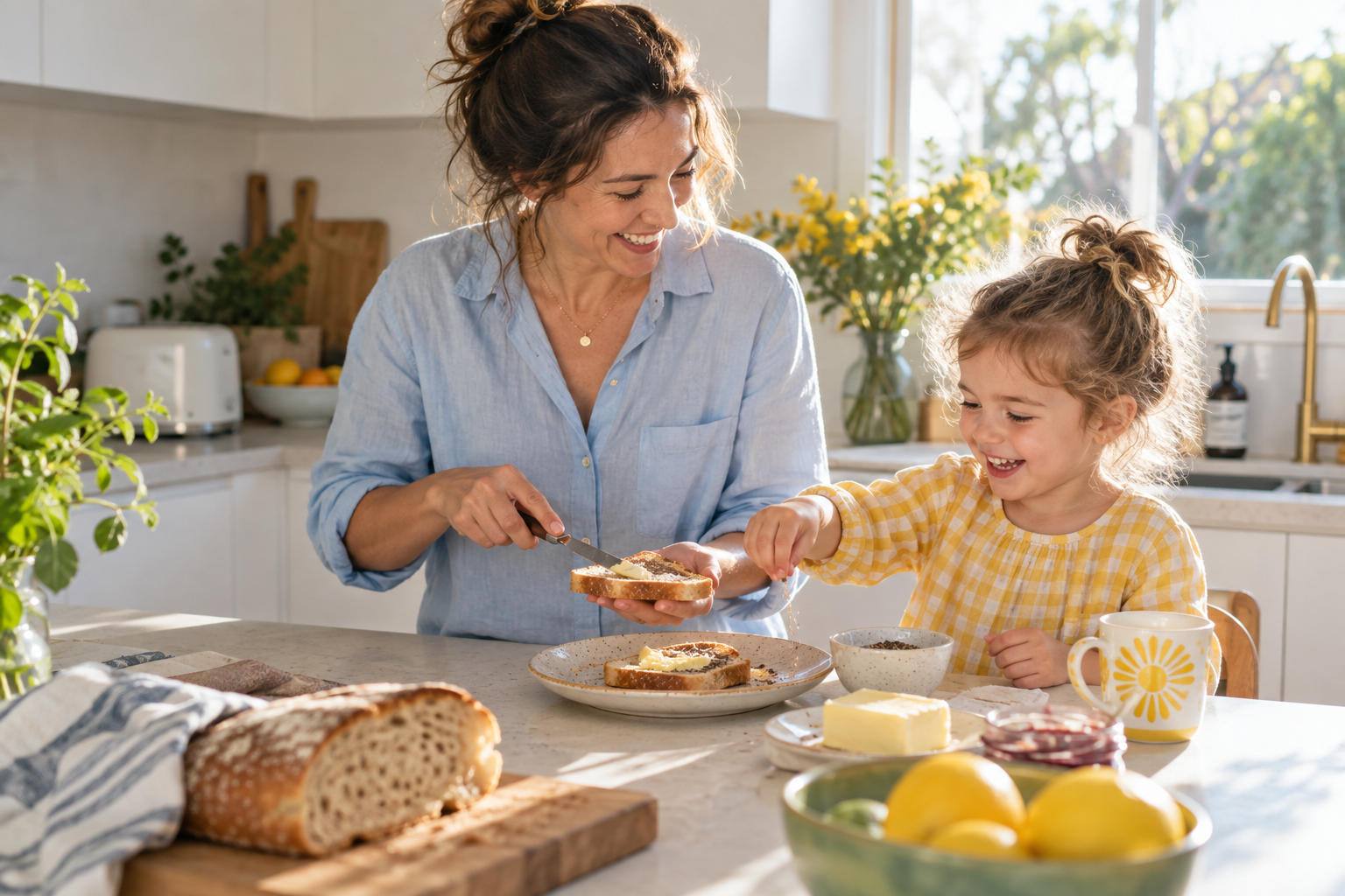 A parent and child sharing an ordinary breakfast